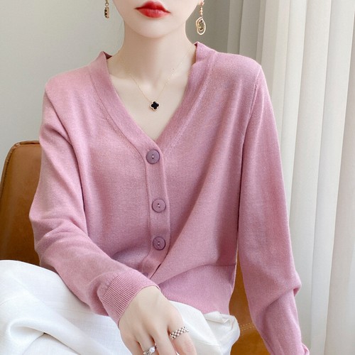 Womens Wool Blend Cardigan Loose V-neck Solid Color Long Sleeved Knitted Sweater - Picture 31 of 32