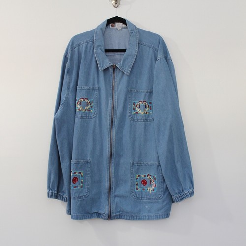 Vintage 80s Southwest Native Tribal Zip Front Jean Jacket Size 3X Embroidered