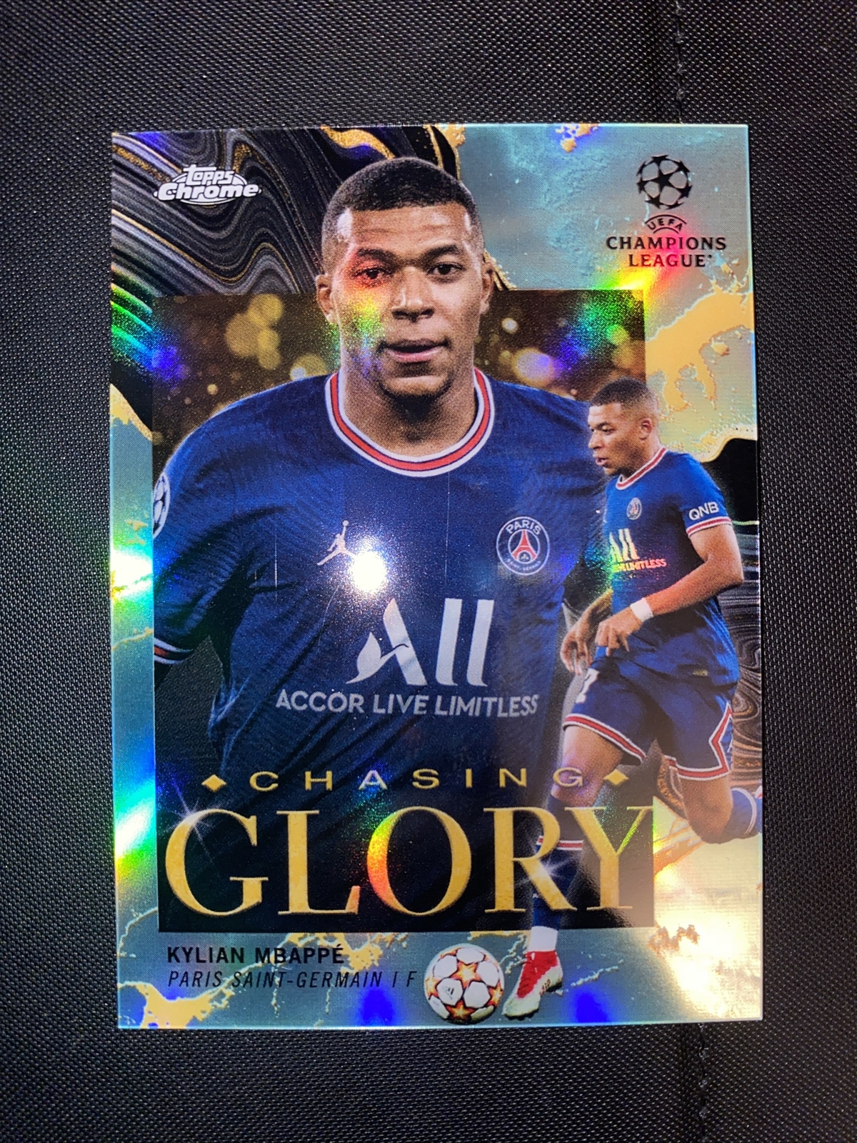 2021-22 Topps Chrome UCL Chasing Glory Kylian Mbappé CG-15 Aqua Refractor 2/199