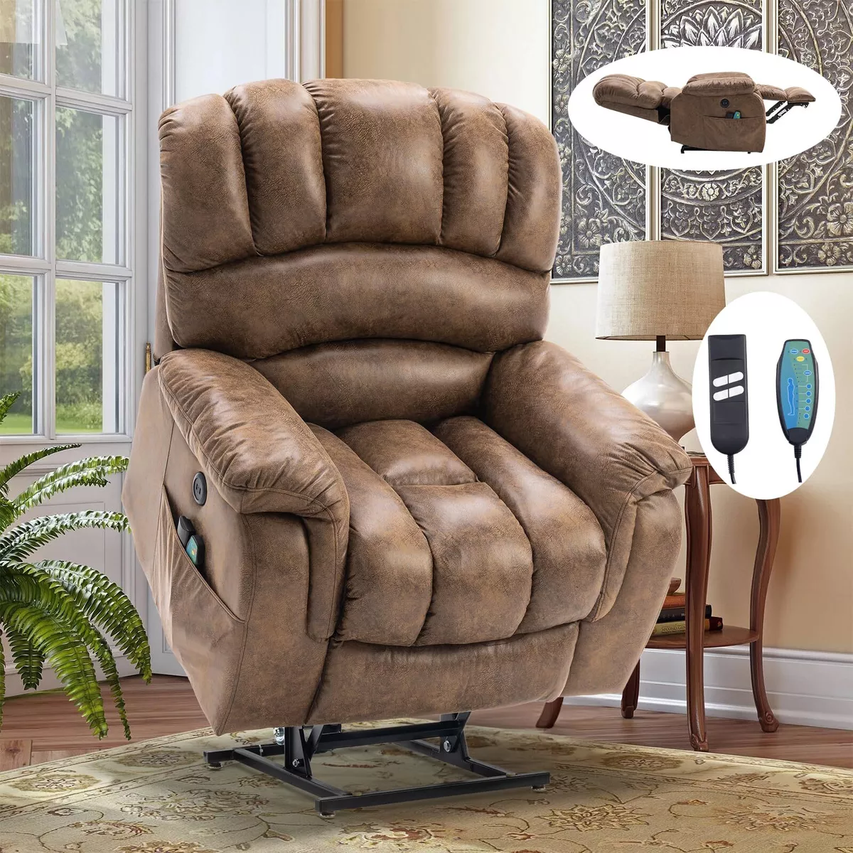 Large Dual Motor Lay Flat Sleeper Power Lift Recliner Chair W