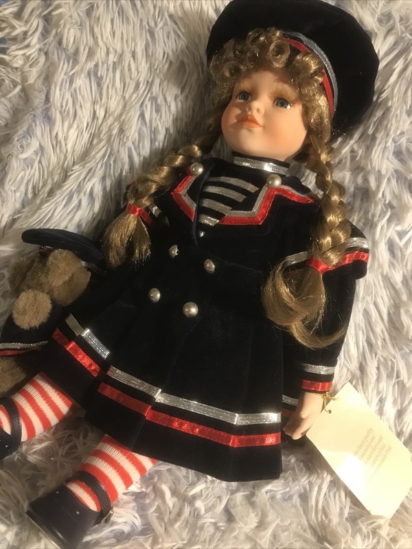 BEAUTIFUL COLLECTIBLE PORCELAIN SAILOR DOLL AND TEDDY BEAR JULIE WITH TAG