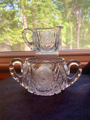 American Brilliant Cut Glass Rose Double Handled Bowl Sugar & Creamer Set ABP