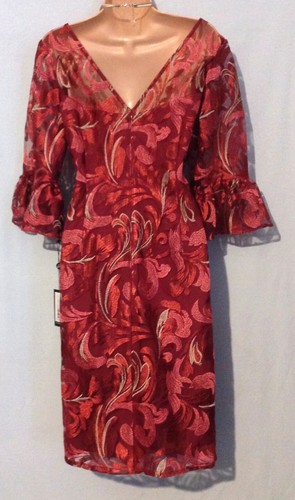 Bnwt ADRIANNA PAPELL (16/18) Red Multi Scroll Embroidered Sheath Cocktail Dress - Picture 8 of 11