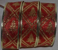 Wired Ribbon Semi-Sheer Red Sparkle Gold Christmas Tree 1.5" Holiday Wreath Bow