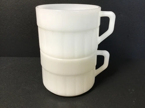 A Pair of Vintage FEDERAL Ribbed Milk Glass Coffee Mugs White Stackable 8 oz.