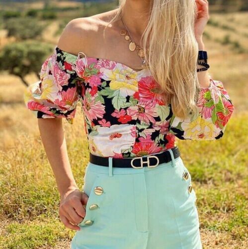NEW ZARA FLORAL FLOWER PRINT PRINTED PATTERN PINK WHITE BARDOT CROP TOP  SIZE M | eBay