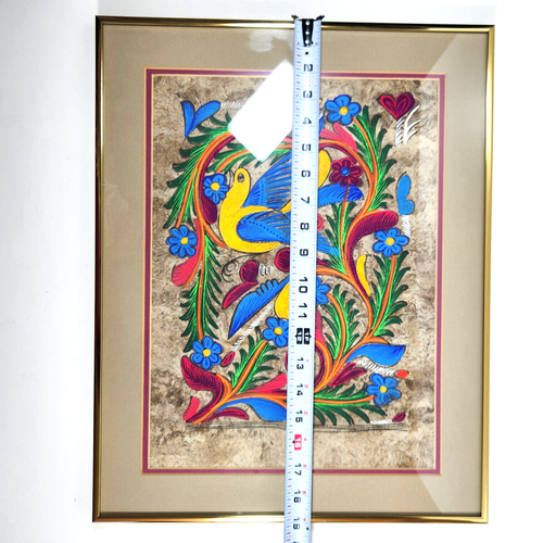 Vtg Mexican Amate Bark Painting Blacklight Folk Art Bird Flowers Framed 15x19 - Picture 15 of 16