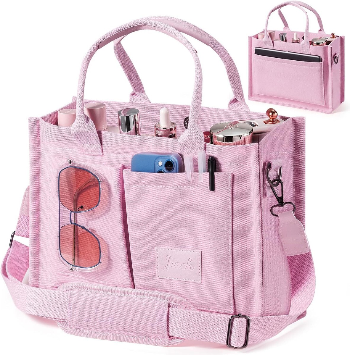 ALUWU Large Canvas Tote Bag For Women - Crossbody Work Bag With Pockets, Pink
