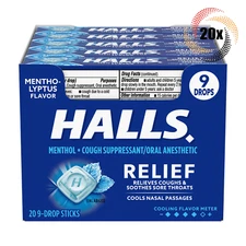 Full Box 20x Packs HALLS Relief Mentho-Lyptus Oral Cough Drop | 9 Drops Per Pack