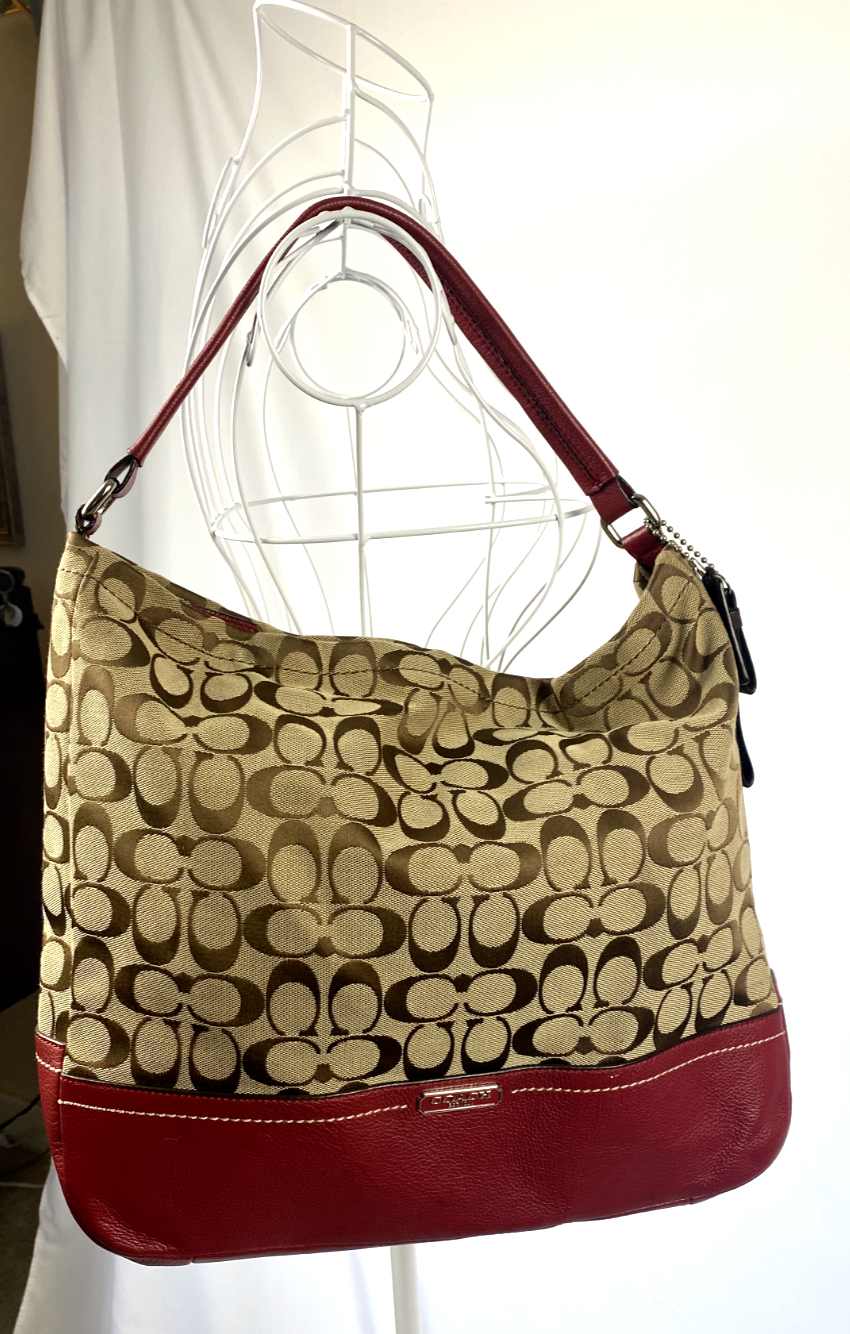 COACH F23279 Park Signature Hobo: Khaki Canvas/Red Leather Trim Convertible
