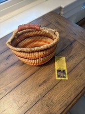 Woven African Krugers Ghana Market Basket Leather Handle Vtg 9 " by 6 1/2"
