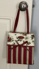 Longaberger Holiday Purse Gift Bag Small Tote Poinsettias Red Green Stripe Bow