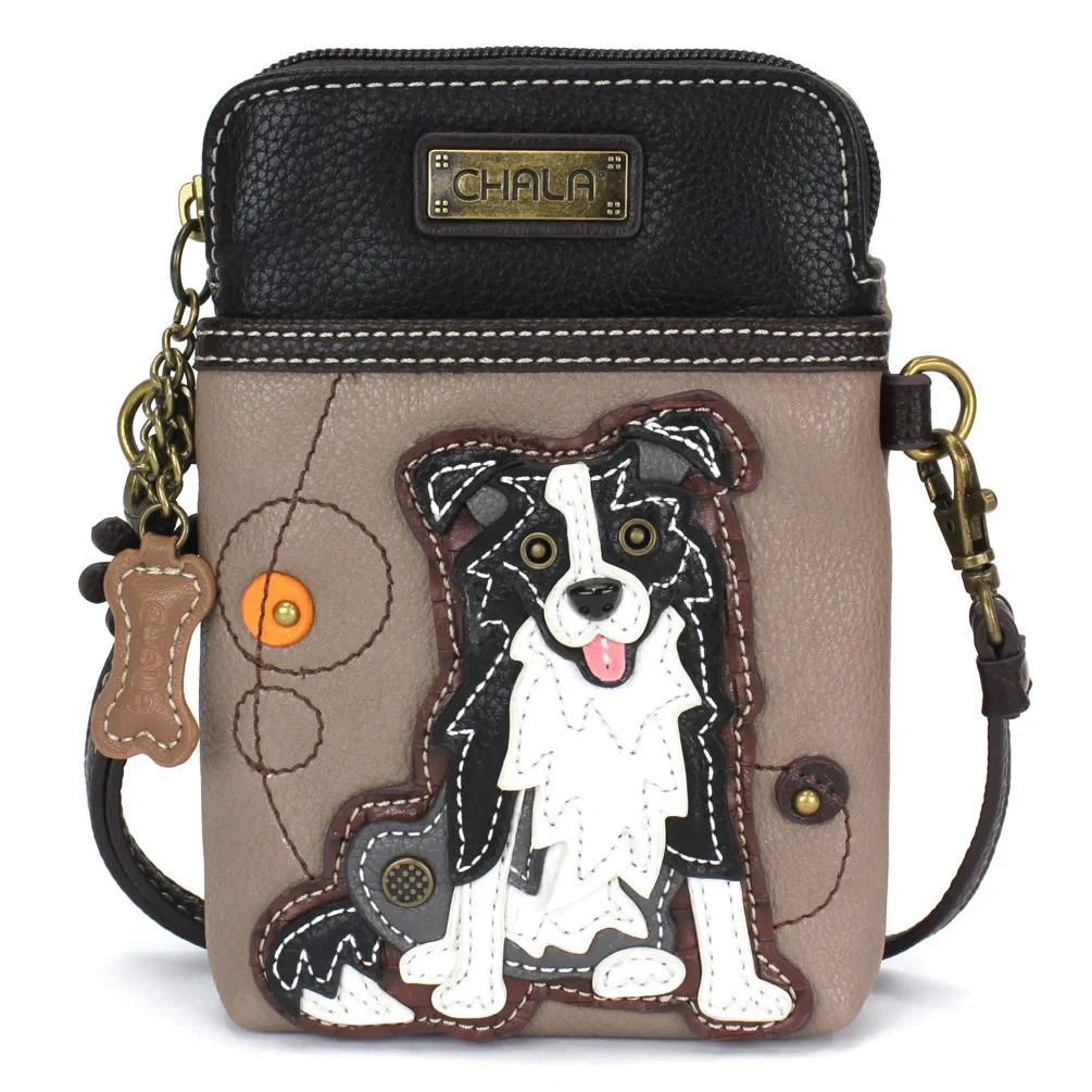 CHALA BLACK WHITE GRAY BORDER COLLIE DOG PUPPY CELL PHONE CROSSBODY PURSE BAG