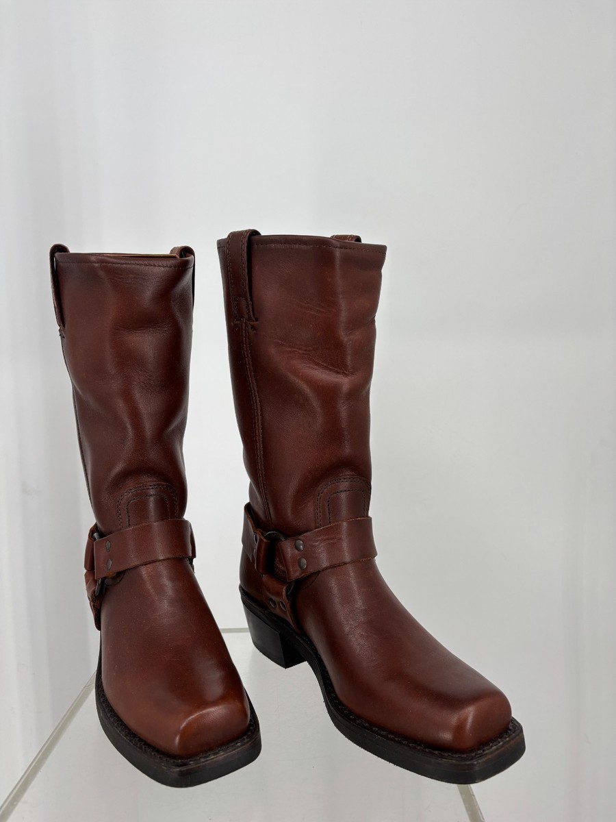 FRYE Harness 12R Boots Women 6.5 Cognac Leather Square Toe Classic