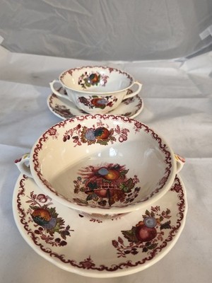 Set 2 Masons Ironstone Suppentassen + Unterteller Fruit Basket England