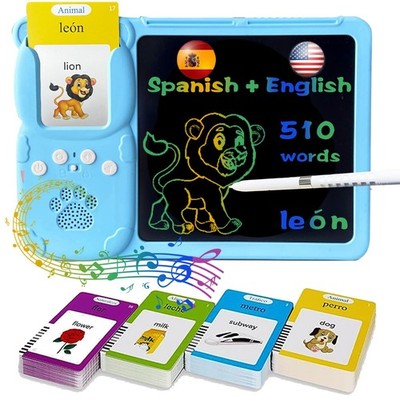 Talking English & Spanish Flash Cards - 8'' LCD Writing Tablet for Kids 3-12, ...