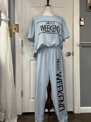 Hello Weekend Lounge Set 2XL Light Blue T-Shirt & Jogger Pants Matching Set
