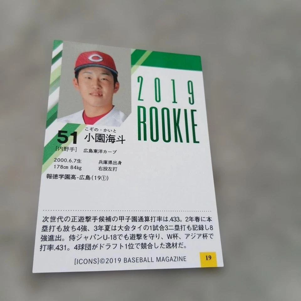 Kaito Kozono 2019 Rookie Trading Card - Hiroshima Toyo Carp - Image 2 of 2