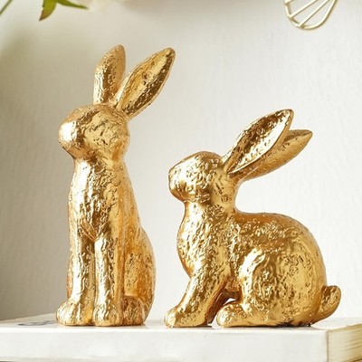 Gold Bunny Decor, Easter Bunny Figurines Set of 2, Small Rabbit Decor with Me...