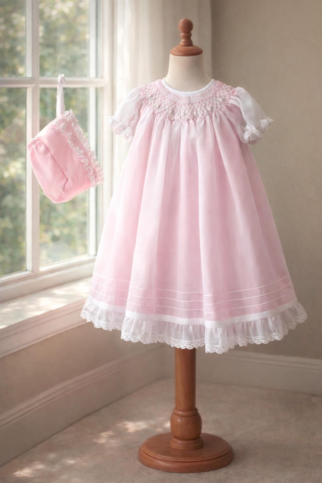 NWT Will'beth White Pink Sheer Smocked 3pc Dress 12 Months Bonnet Baby Girls 12M