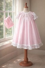 NWT Will'beth White Pink Sheer Smocked 3pc Dress 12 Months Bonnet Baby Girls 12M