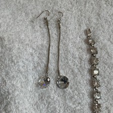 Silvertone Crystal Drop Earrings CZ Round Dangle Earrings and bracelet - lovely