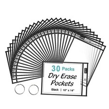 Packs Oversized Reusable Dry Erase Pocket Sleeves with 2 Rings, Black 10x14 30
