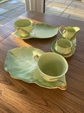 Royal Winton Grimwades Leaf Green Gold Tennis Set x2 Cup Saucer Cream Sugar Bowl