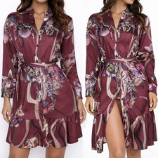 Women's Floral Burgundy Shirt Dress With Belt