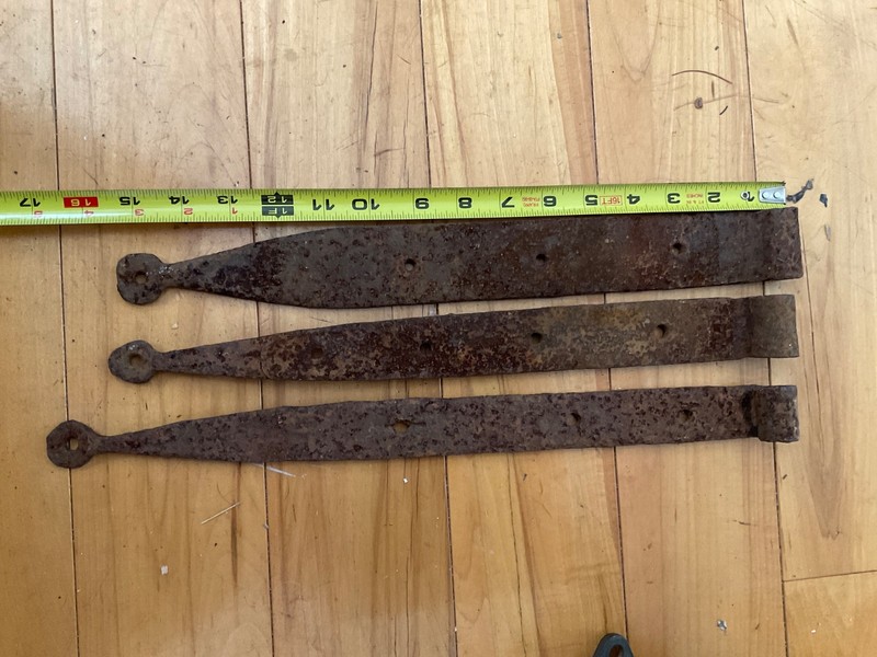 Three Beautiful, "Large Bean End" Hinges 15-16 inch Old Iron, Hand-Forged