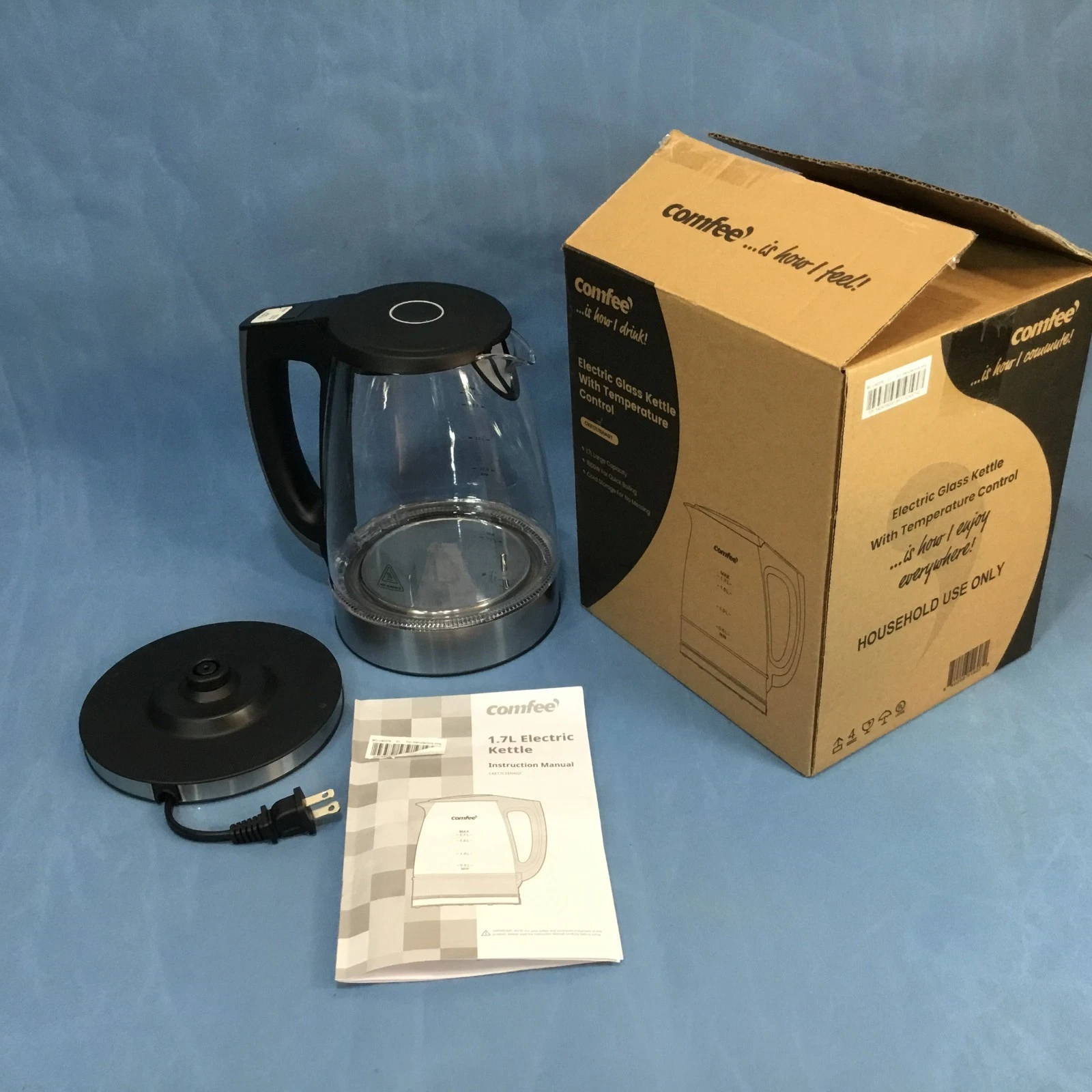 COMFEE' 1.7L Glass Electric Kettle w Temperature Control CKE17L1EHAGT Open Box.