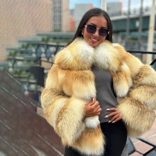 Gorgeous Women Real Golden Island Fox Fur Coat Winter Mid-Length Jacket Overcoat