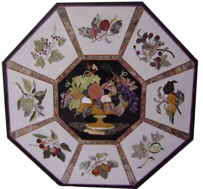 42-Inch Black Marble Pietra Dura Table Top with Stone Inlay Home Decor