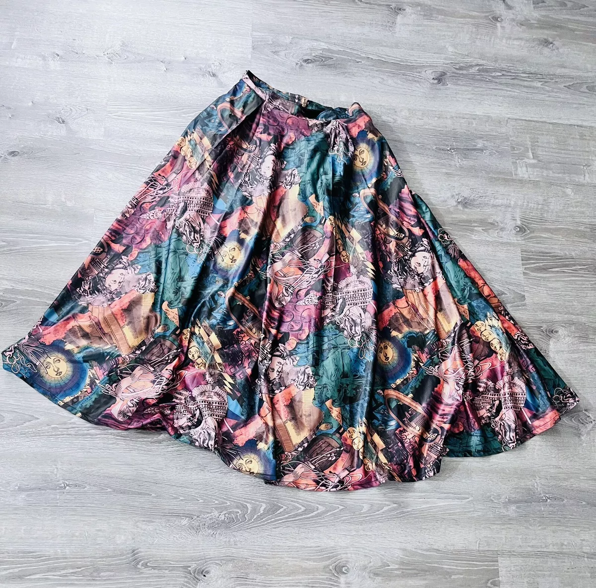 QUIRKY UNIQUE PATTERN COSMIC STEAMPUNK VICTORIAN GYPSY BOHO MAXI SKIRT SIZE 10