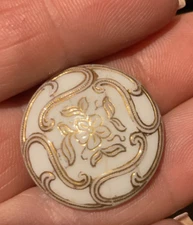 Antique Button - white glass button with gold design, metal shank