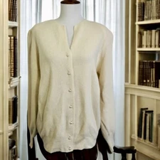 Vtg Adele Joyce Cardigan Sweater Size Medium Ivory Lambs Wool Angora Academia ￼