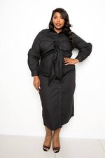 Plus Size Poplin Tie Bow Shirt Dress Black