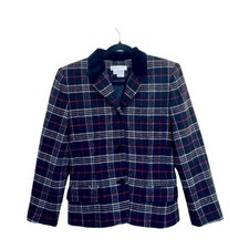 Chaus Wool Jacket Plaid Black White Red Velvet Details Lined Sz 4