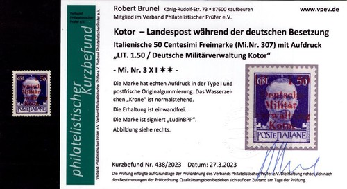 Kotor 3XI Impeccable MNH Unstamped + Gepr. Finding (L9242