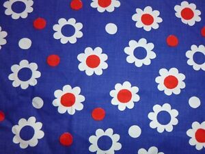Vtg Blue Cotton Fabric with Flower Power White Red Daisies Scrap 45x39