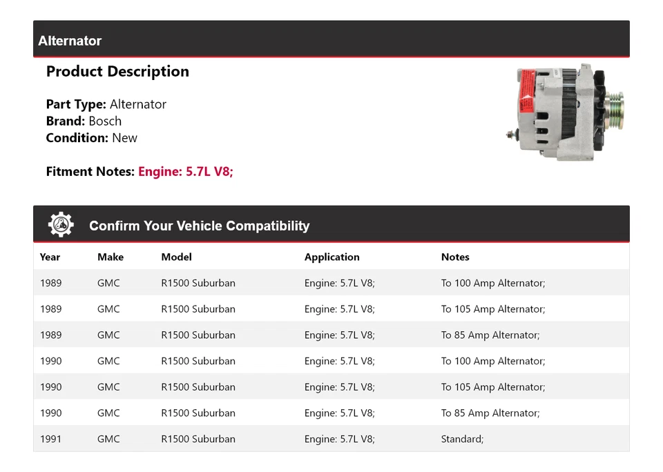 Alternador Bosch V8 5,7 L Suburban 1989-1991 GMC R1500 (Nuevo) 1990 Foto 2 de 4