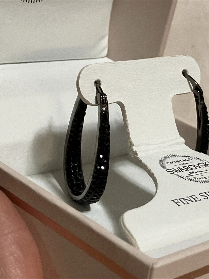 CRYSTALS From SWAROVSKI Hoop Earrings Black Crystals Fine Silver Plated - Image 3 of 4