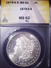1878-S Morgan Silver Dollar,  MS62 PL. ANACS, Rare,  Issue Free