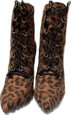 SHOEDAZZLE LACE UP FAUX LEOPARD PLATFORM HEEL BOOTIES WITH 4'' HEEL WOMAN Sz 7.5