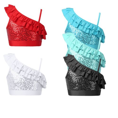 Girls Sequined Ruffled Ballet Dance Crop Top Modern Jazz One Shoulder Cami Vest - Picture 4 of 66