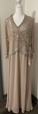 J Kara Women's Long 3/4 Sleeve V-Neck Beaded Faux Wrap Dress 10 Blush/Silver NWT