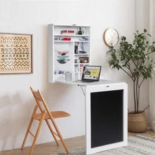 NNECW Folding Wall Mounted Desk with Chalkboard and Storage Compartments for Hom