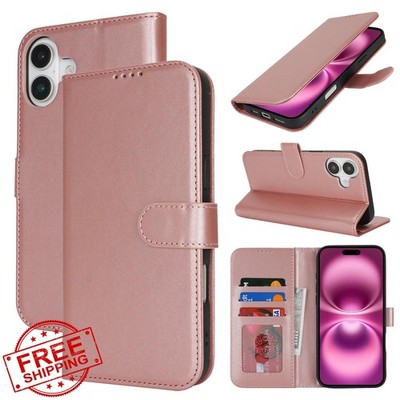 SunYoo iPhone 16 Plus Wallet Case, PU Leather, Card Holder, Rose Gold