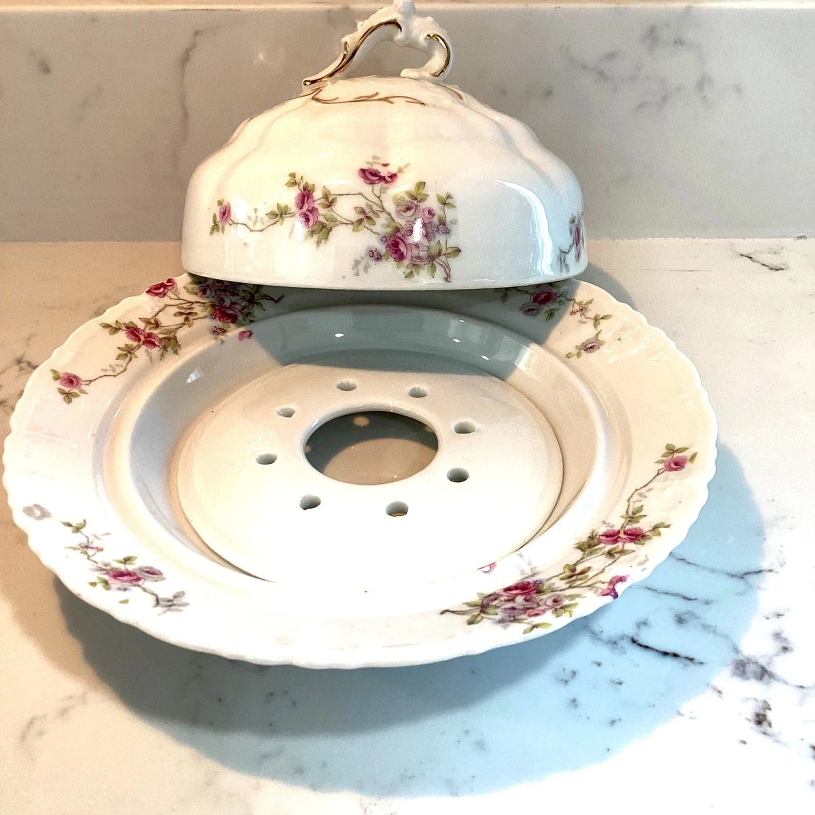 Limoges Butter Cheese Dish French Limoge Lid & Strainer Plate 3 pieces Roses