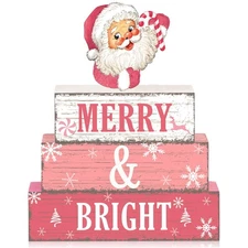 4 Pcs Christmas Wooden Tabletop Decor Pink Winter Santa Tiered Tray Decor Chr...